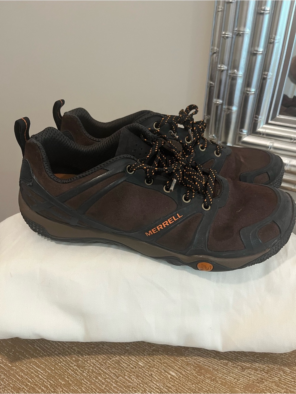 Merrell Brown and Black Men's Trail Sneakers with Orange Accents